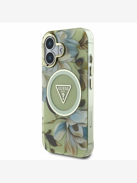 Guess Guess IML Glitter Magnolia und Triangle Logo MagSafe Back Cover für iPhone 16 Grün