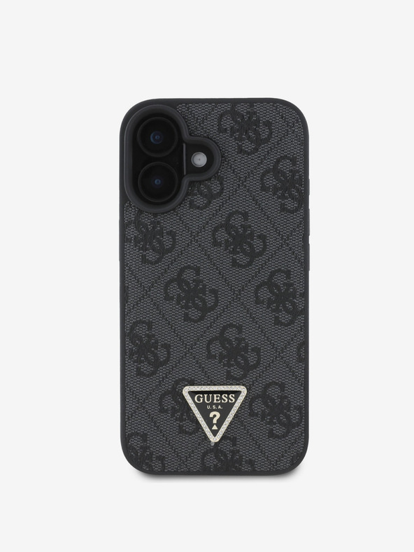 Guess Guess PU 4G Strass Dreieck Metall Logo Rückseite für iPhone 16 Schwarz