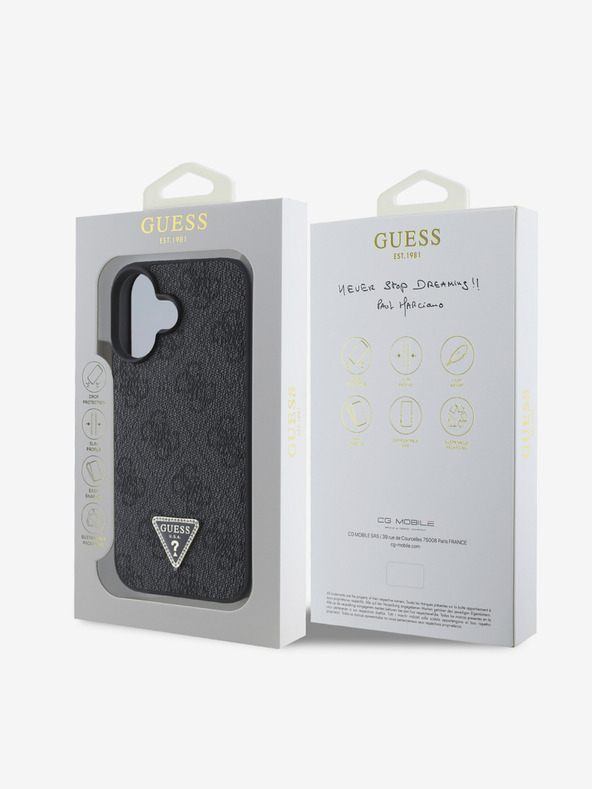 Guess Guess PU 4G Strass Dreieck Metall Logo Rückseite für iPhone 16 Schwarz