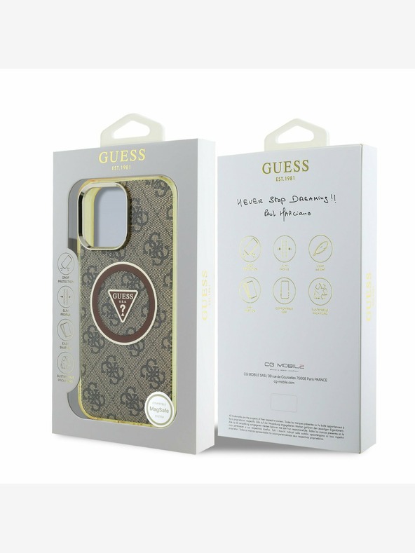 Guess Guess IML 4G Glitter and Triangle Logo MagSafe Back Cover für iPhone 16 Pro Max Braun
