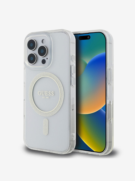 Guess Guess IML Glitter Ring MagSafe Back Cover für iPhone 16 Pro Max Transparent