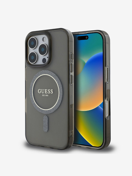 Guess Guess IML Glitter Ring MagSafe Back Cover für iPhone 16 Pro Max Schwarz