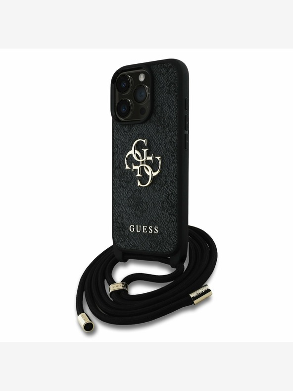 Guess Guess PU 4G Metall-Logo Crossbody Strap Back Cover für iPhone 16 Pro Max Schwarz