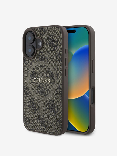Guess Guess PU Leder 4G Farbiger Ring MagSafe Back Cover für iPhone 16 Plus Braun