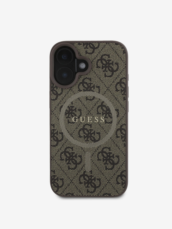 Guess Guess PU Leder 4G Farbiger Ring MagSafe Back Cover für iPhone 16 Plus Braun