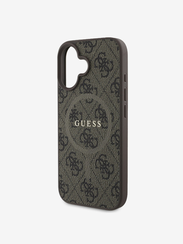 Guess Guess PU Leder 4G Farbiger Ring MagSafe Back Cover für iPhone 16 Plus Braun