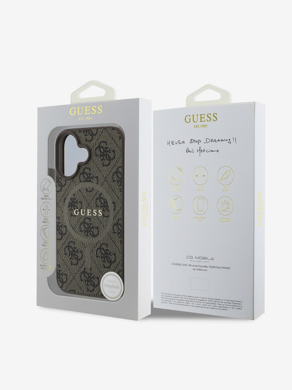 Guess Guess PU Leder 4G Farbiger Ring MagSafe Back Cover für iPhone 16 Plus Braun