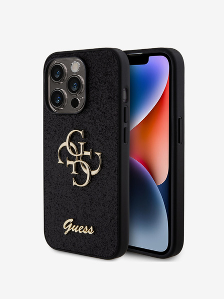 Guess Guess PU Fixed Glitter 4G Metal Logo Back Cover für iPhone 15 Pro Schwarz