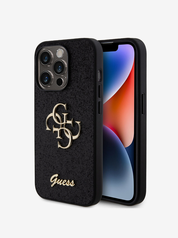 Guess Guess PU Fixed Glitter 4G Metal Logo Back Cover für iPhone 15 Pro Schwarz