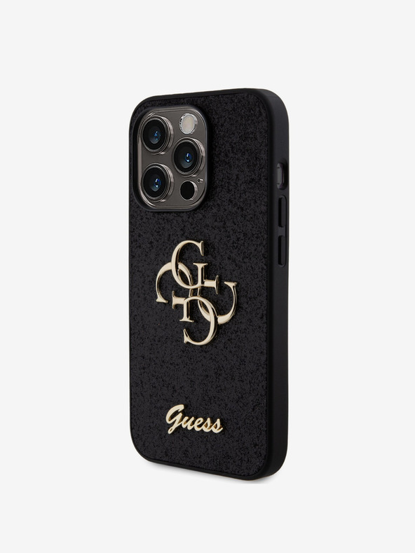 Guess Guess PU Fixed Glitter 4G Metal Logo Back Cover für iPhone 15 Pro Schwarz
