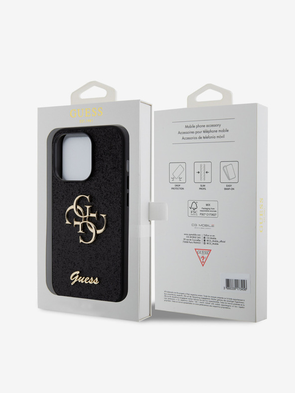 Guess Guess PU Fixed Glitter 4G Metal Logo Back Cover für iPhone 15 Pro Schwarz