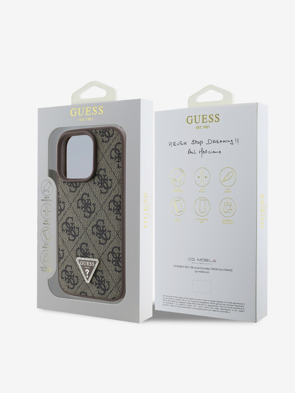 Guess Guess PU 4G Strass Dreieck Metall Logo Back Cover für iPhone 16 Pro Max Braun