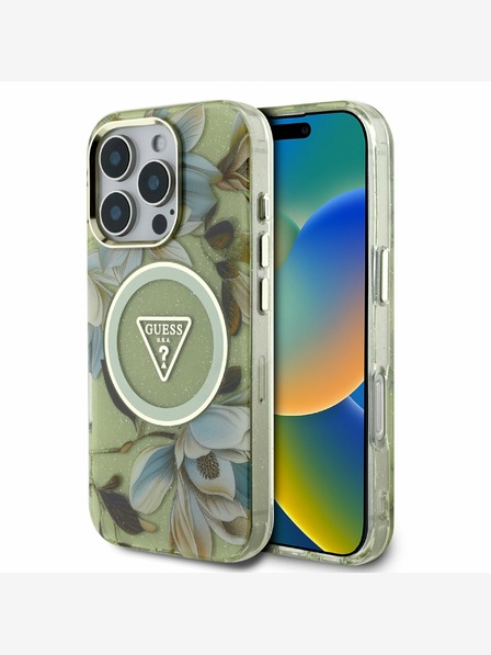 Guess Guess IML Glitter Magnolia und Triangle Logo MagSafe Back Cover für iPhone 16 Pro Max Grün