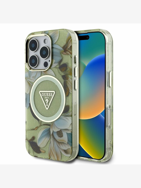 Guess Guess IML Glitter Magnolia und Triangle Logo MagSafe Back Cover für iPhone 16 Pro Max Grün