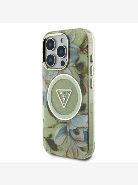 Guess Guess IML Glitter Magnolia und Triangle Logo MagSafe Back Cover für iPhone 16 Pro Max Grün