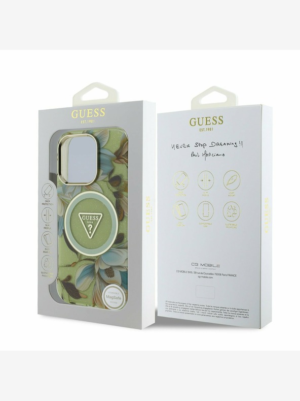 Guess Guess IML Glitter Magnolia und Triangle Logo MagSafe Back Cover für iPhone 16 Pro Max Grün
