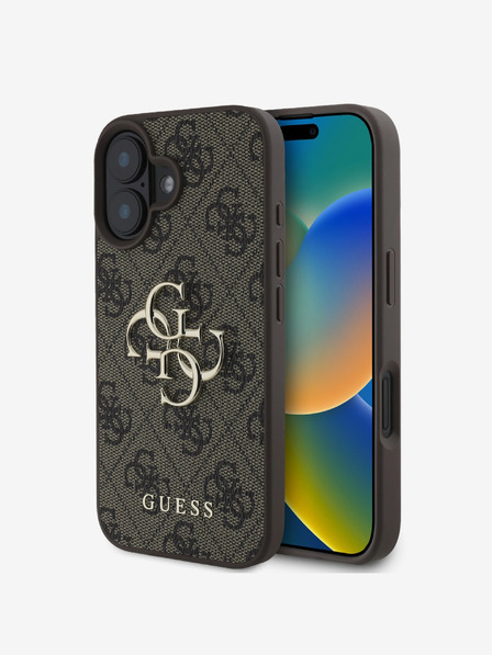 Guess Guess PU 4G Metall-Logo Rückseite für iPhone 16 Braun