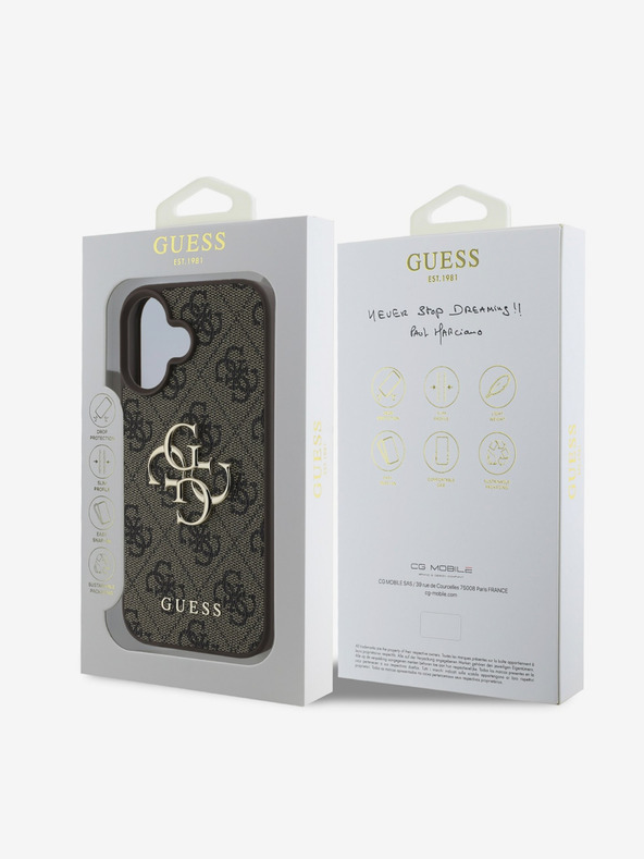 Guess Guess PU 4G Metall-Logo Rückseite für iPhone 16 Braun