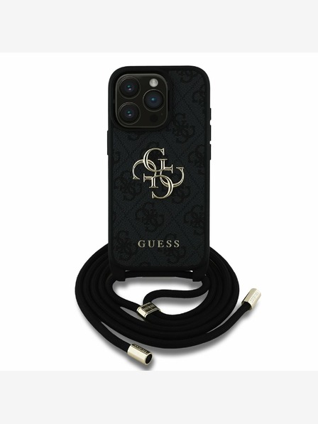 Guess Guess PU 4G Metall-Logo Crossbody Strap Back Cover für iPhone 15 Pro Max Schwarz