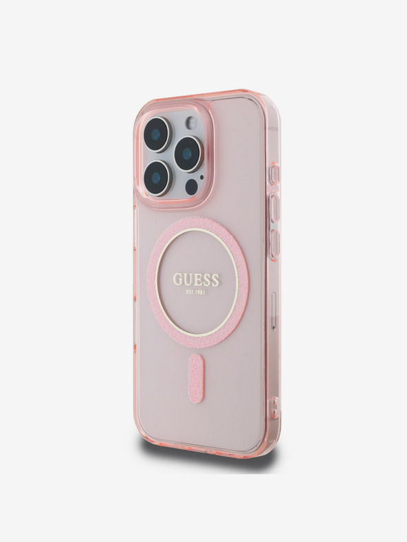 Guess Guess IML Glitter Ring MagSafe Schutzhülle für iPhone 16 Pro Pink