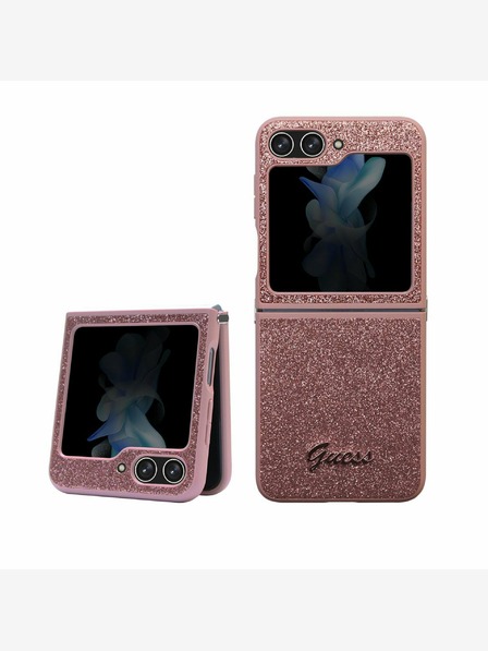 Guess PC/TPU Glitter Flakes Metal Logo Backcase for Samsung Galaxy Z Flip 5 Pink Phone Case