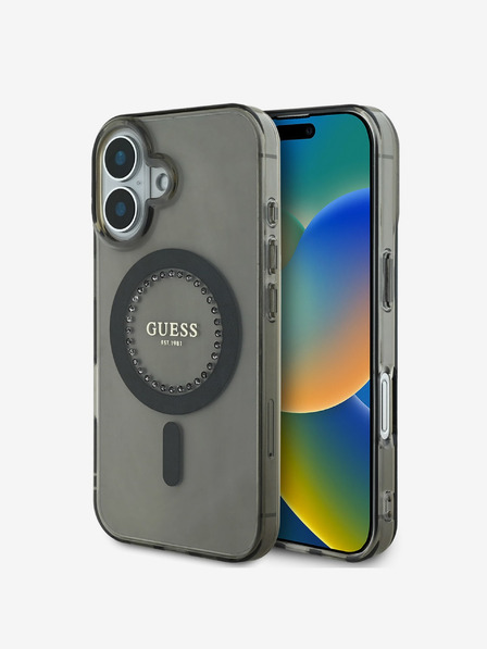 Guess Guess IML Rhinestones Ring MagSafe Back Cover für iPhone 16 Schwarz