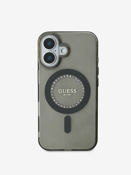 Guess Guess IML Rhinestones Ring MagSafe Back Cover für iPhone 16 Schwarz