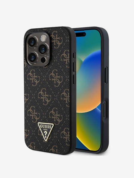 Guess Guess PU Leder 4G Triangle Metal Logo Back Cover für iPhone 16 Pro Max Schwarz