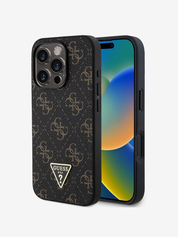 Guess Guess PU Leder 4G Triangle Metal Logo Back Cover für iPhone 16 Pro Max Schwarz