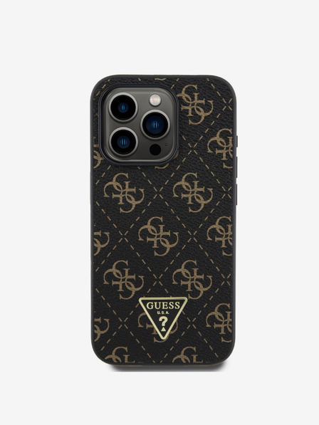 Guess Guess PU Leder 4G Triangle Metal Logo Back Cover für iPhone 16 Pro Max Schwarz