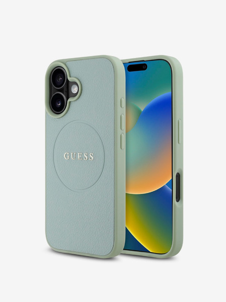 Guess Guess PU genarbtes klassisches Logo Logo MagSafe Back Cover für iPhone 16 Grün