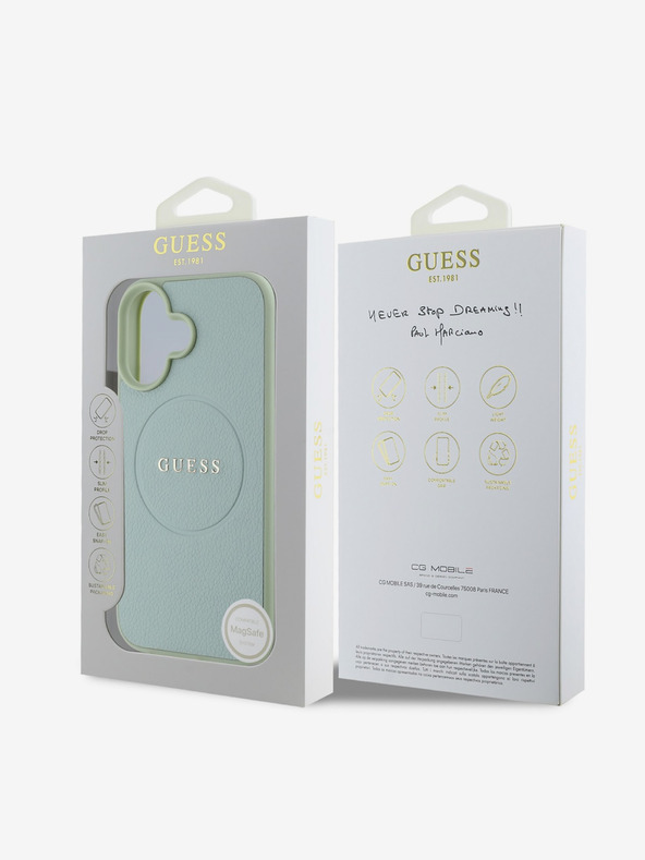 Guess Guess PU genarbtes klassisches Logo Logo MagSafe Back Cover für iPhone 16 Grün