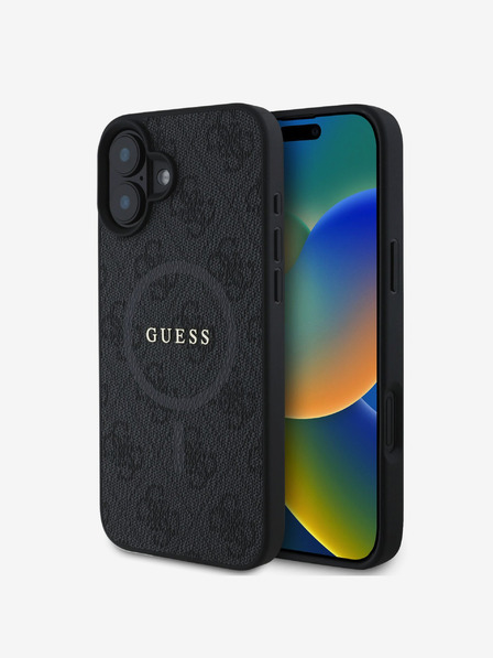 Guess Guess PU Leder 4G Farbiger Ring MagSafe Back Cover für iPhone 16 Schwarz