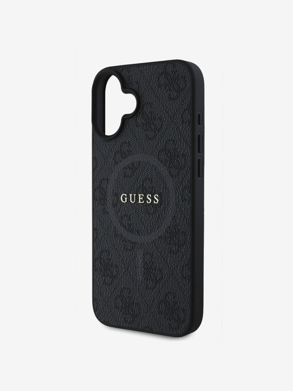 Guess Guess PU Leder 4G Farbiger Ring MagSafe Back Cover für iPhone 16 Schwarz