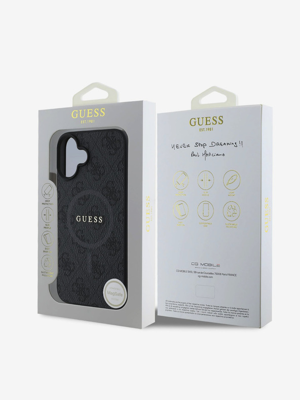 Guess Guess PU Leder 4G Farbiger Ring MagSafe Back Cover für iPhone 16 Schwarz