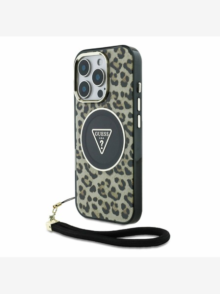 Guess Guess IML Leopard Triangle Logo Strap MagSafe Back Cover für iPhone 16 Pro Braun