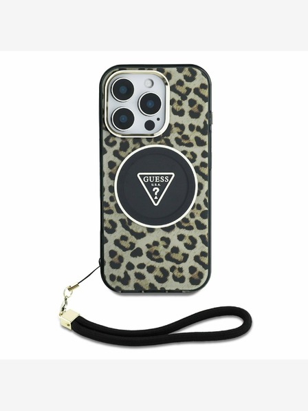 Guess Guess IML Leopard Triangle Logo Strap MagSafe Back Cover für iPhone 16 Pro Braun