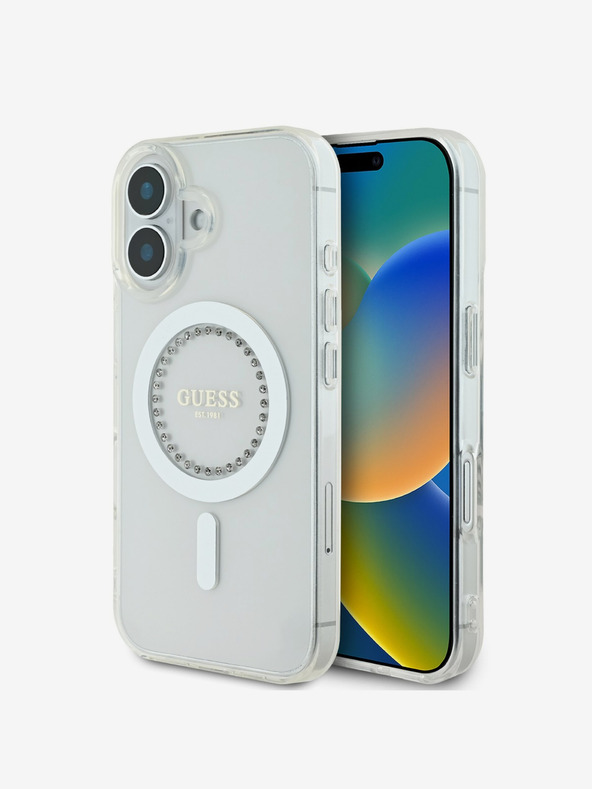 Guess Guess IML Strass Ring MagSafe Back Cover für iPhone 16 Weiß
