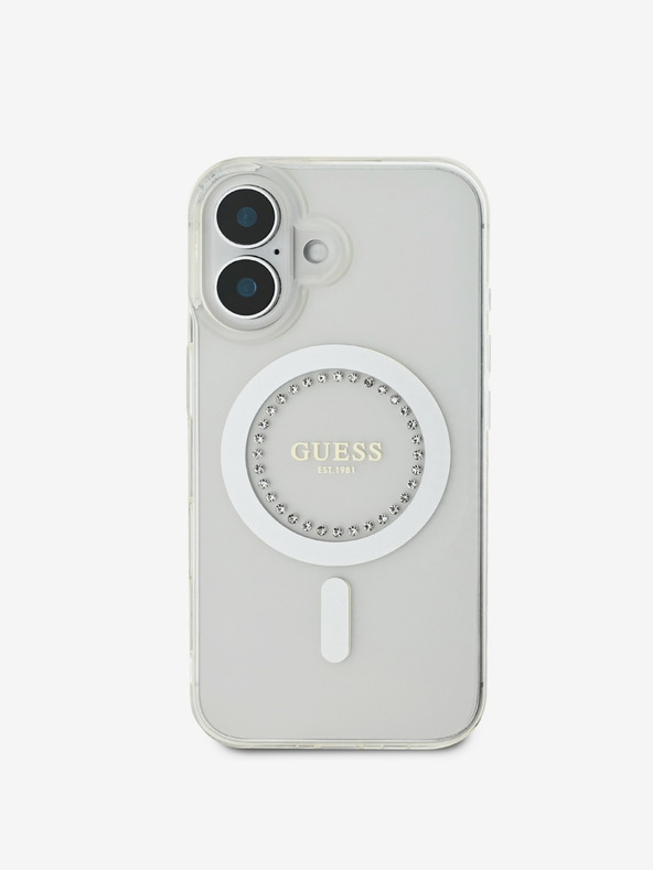 Guess Guess IML Strass Ring MagSafe Back Cover für iPhone 16 Weiß