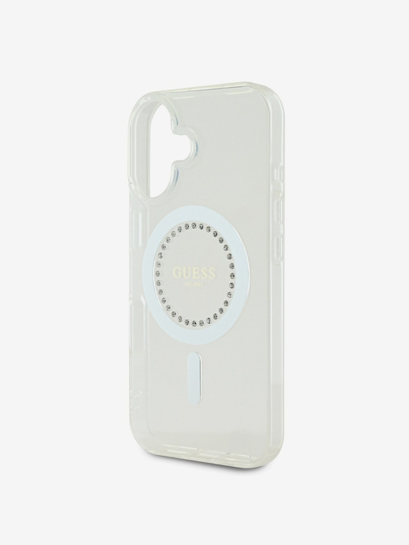 Guess Guess IML Strass Ring MagSafe Back Cover für iPhone 16 Weiß