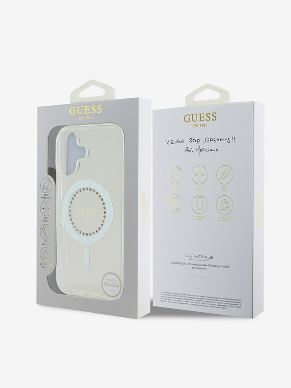 Guess Guess IML Strass Ring MagSafe Back Cover für iPhone 16 Weiß