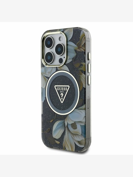 Guess Guess IML Glitter Magnolia und Triangle Logo MagSafe Back Cover für iPhone 16 Pro Max Schwarz