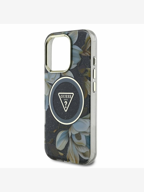Guess Guess IML Glitter Magnolia und Triangle Logo MagSafe Back Cover für iPhone 16 Pro Max Schwarz