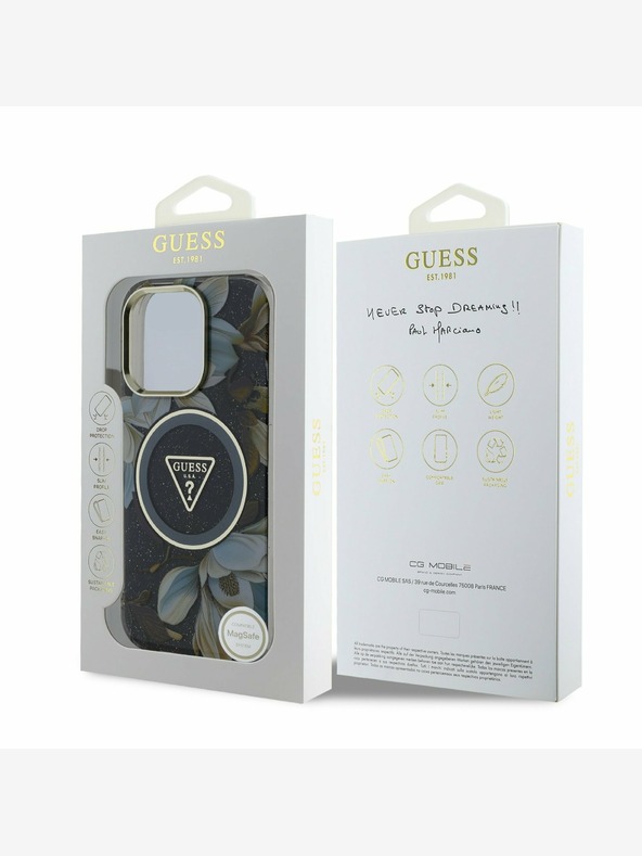 Guess Guess IML Glitter Magnolia und Triangle Logo MagSafe Back Cover für iPhone 16 Pro Max Schwarz