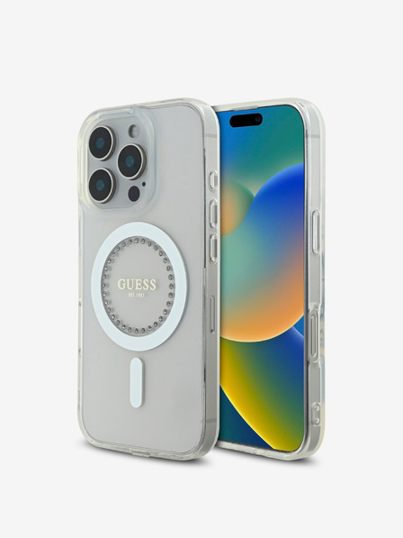 Guess Guess IML Strass Ring MagSafe Schutzhülle für iPhone 16 Pro Weiß
