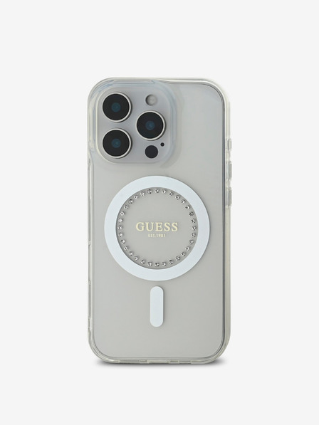 Guess Guess IML Strass Ring MagSafe Schutzhülle für iPhone 16 Pro Weiß