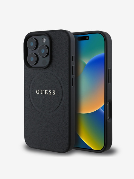 Guess Guess PU genarbtes klassisches Logo MagSafe Back Cover für iPhone 16 Pro Max Schwarz