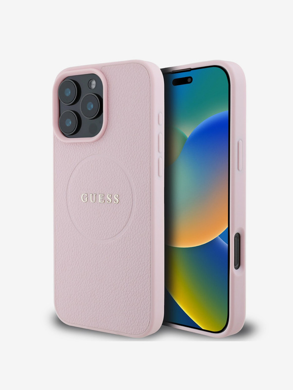 Guess Guess PU genarbtes klassisches Logo MagSafe Back Cover für iPhone 16 Pro Max Rosa