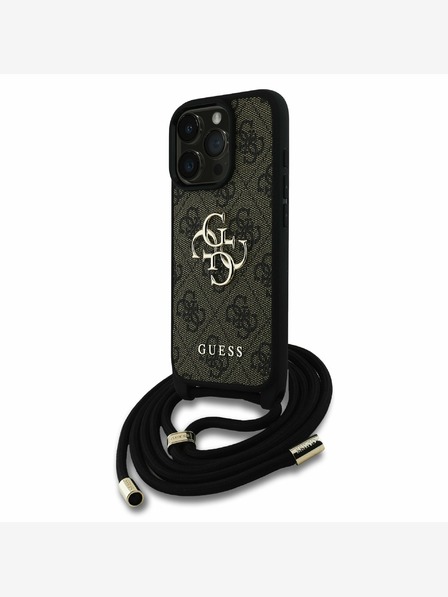 Guess Guess PU PU 4G Metal Logo Crossbody Strap Back Cover für iPhone 16 Pro Braun