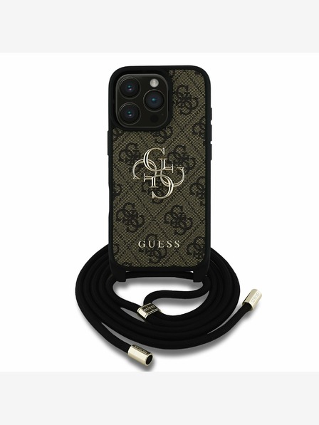 Guess Guess PU PU 4G Metal Logo Crossbody Strap Back Cover für iPhone 16 Pro Braun